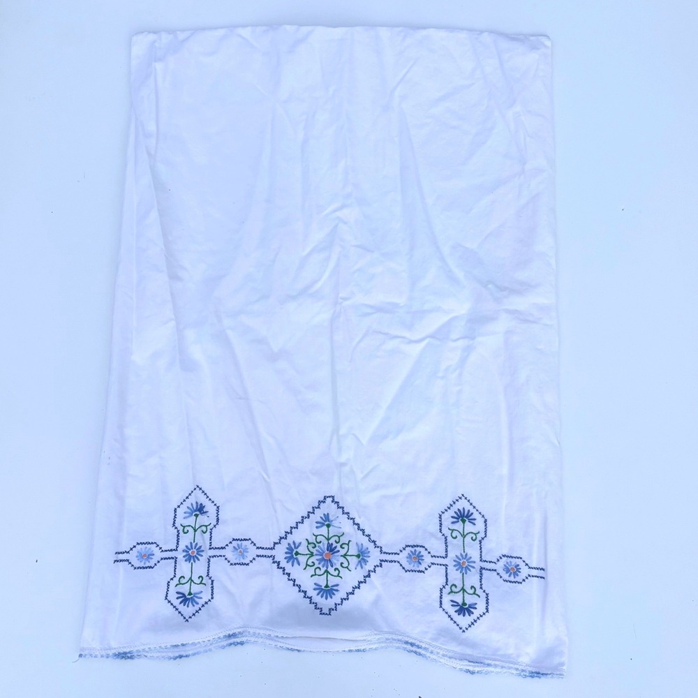 Vtg Hand Embroidered Pillowcase White Linen Blue Floral Cross Stitch Cottagecore